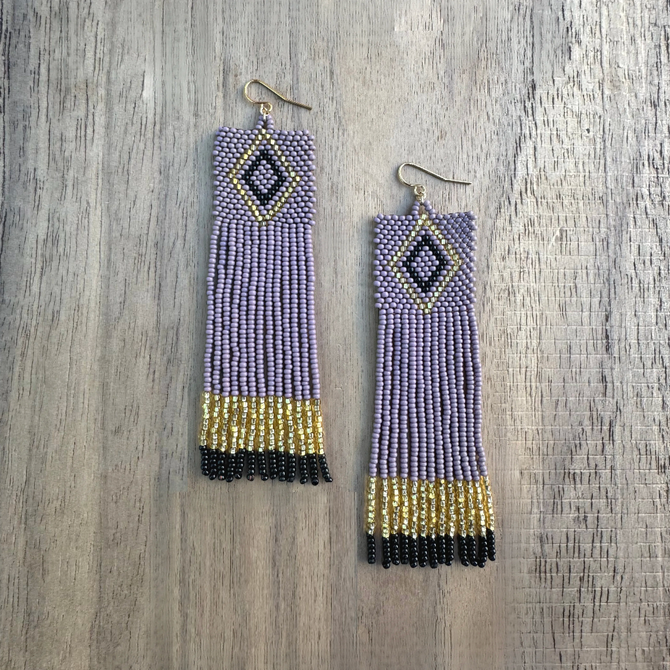 Kokopelli Boho Native American Southwest Beaded Fringe Earrings with Multi-Violet Czech Seed Beads / KPE B233 - M108