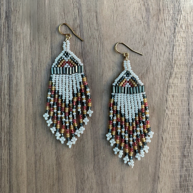 Kokopelli Boho Native American Southwest Beaded Fringe Earrings with Multi-Red Czech Bugle and Seed Beads / KPE B226 - M114