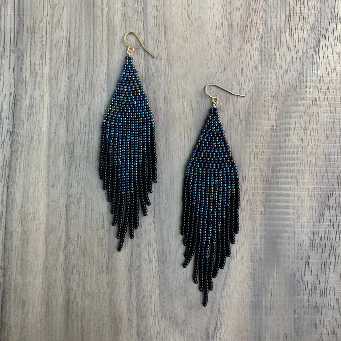 Kokopelly Boho Native American Southwest Beaded Fringe Earrings with Blue Iris Czech Seed Beads / KPE B235-M97