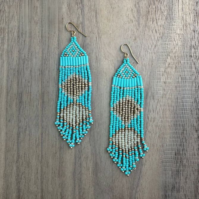 Kokopelly Boho Native American Southwest Beaded Fringe Earrings with Turquoise Czech Bugle and Seed Beads / KPE B277-M139