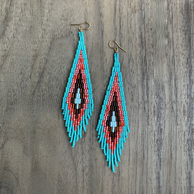 Kokopelly Boho Native American Southwest Beaded Fringe Earrings with Turquoise Czech Seed and Bugle Beads / KPE B163-2