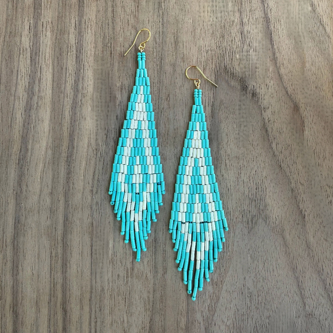 Kokopelly Boho Native American Southwest Beaded Fringe Earrings with Turquoise Czech Bugle and Seed Beads / KPE B163-76
