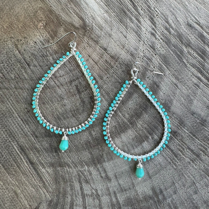 Golden Age Hammered Silver-Plated Single Teardrop Earrings with Turquoise Czech Seed Beads and Dangly Teardrop Crystals / GAE S B289-1