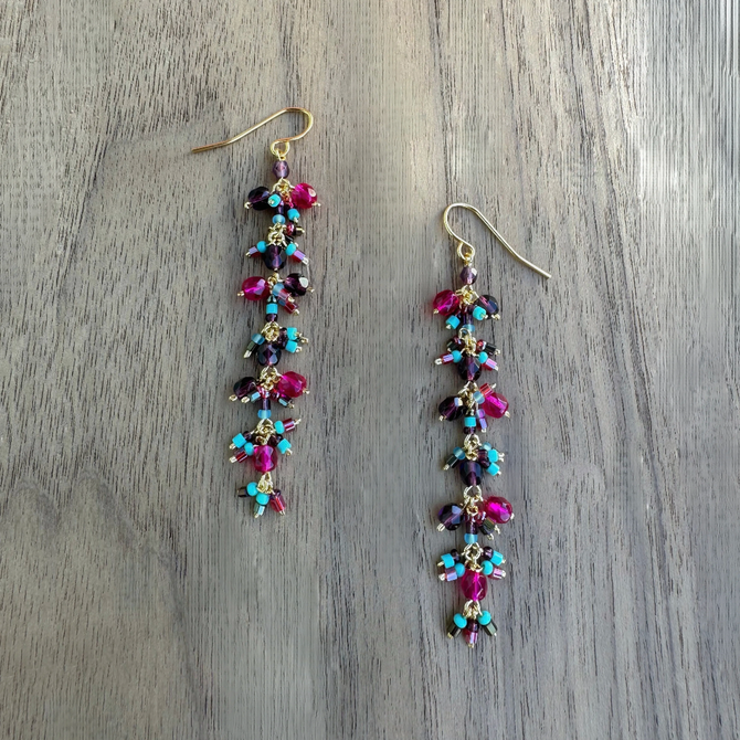 Chandelier Gold-Plated Single Drop Earrings with Fuchsia Czech Crystal Beads / GAE G B5-M88