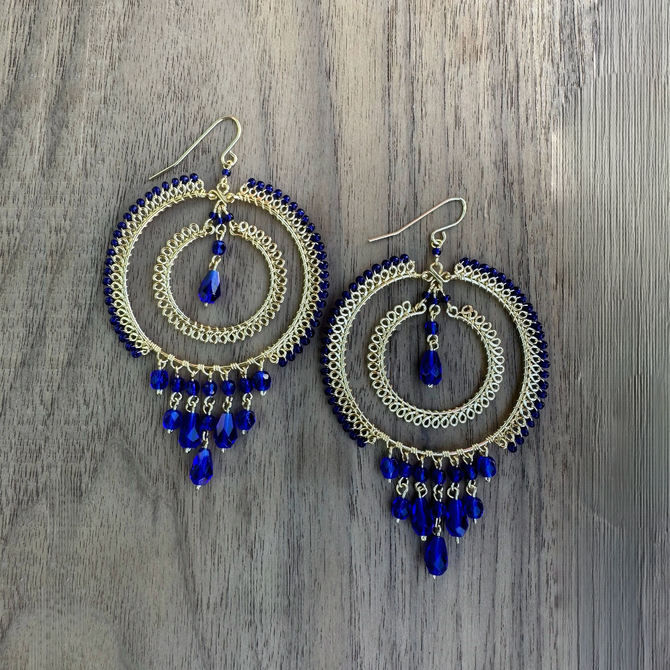 Cleopatra Gold-Plated Beaded Double Hoop Earrings with Blue Czech Crystal Beads and Dangly Teardrop Crystals / CLE G B88-21