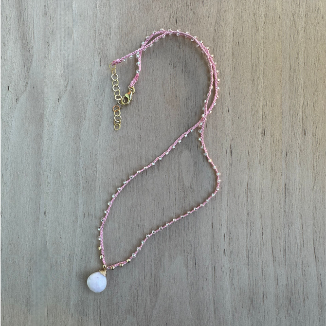 Braided Silk Pink Opale Necklace / KRN G B360-37
