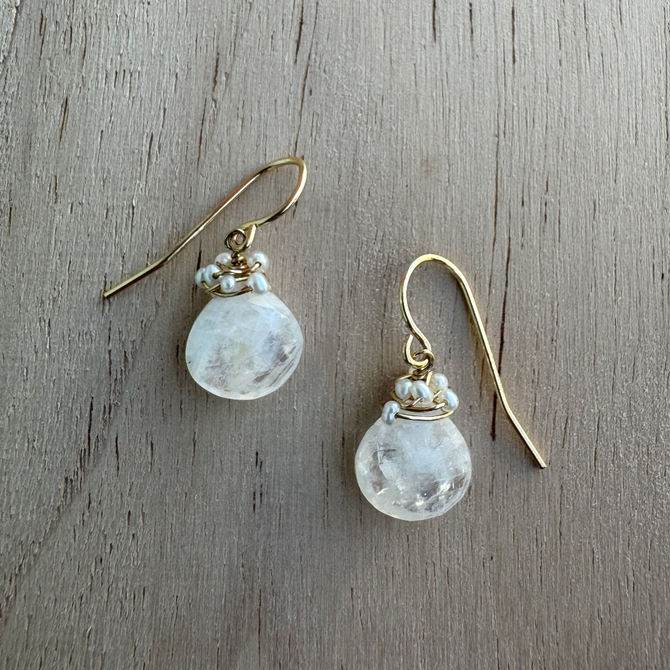Moonstone Wire Wrap Pearl Earrings / SSE G B6-13