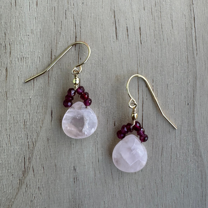 Rose Quartz and Garnet Briolette Earrings / DJE G B21-28