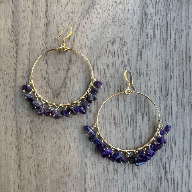 14k Gold Dipped Amethyst Hoop Earrings /  CLE G B243-S8