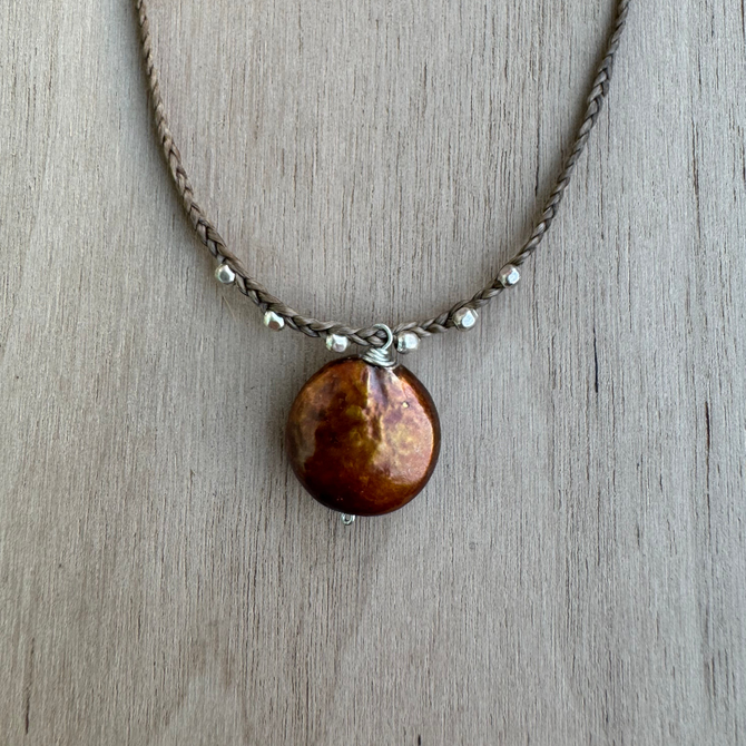 Brown Coin Pearl Braided Silk Necklace / KRN S B313-4