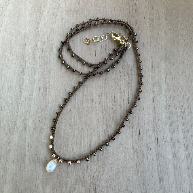 Braided Brown Silk Pearl Necklace / KRN G B320-9