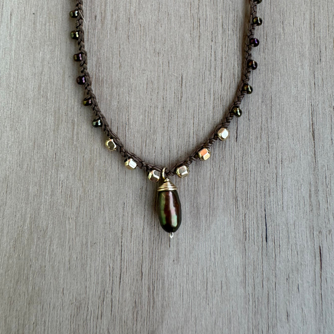 Braided Silk Brown Beaded Pearl Necklace / KRN G B320-4