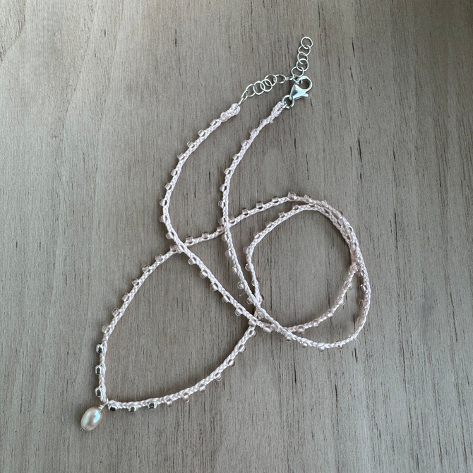 Braided Beaded Silk Pink Pearl Necklace / KRN S B320-26