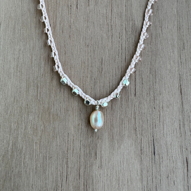 Braided Beaded Silk Pink Pearl Necklace / KRN S B320-26