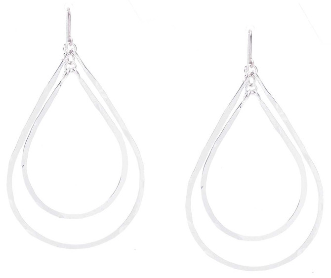 Hammered Geometric Minimalist Silver Double Tear Drop Earrings, Handmade / GAE S B4-3