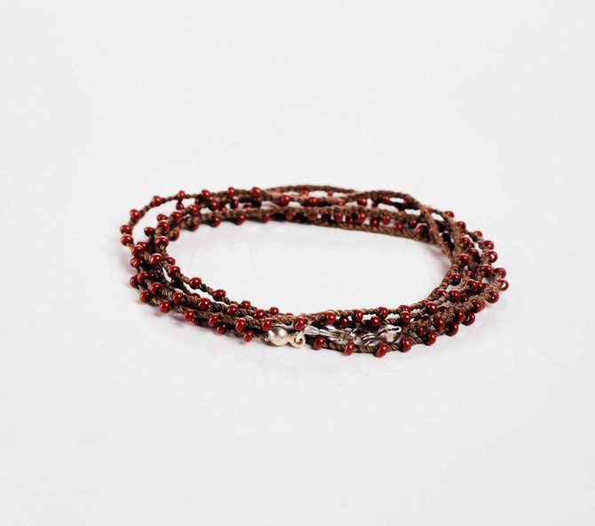 Dainty Boho Crochet Czech Seed Bead Silk Thread Necklace / Wrap Bracelet in Brown / GS102-76