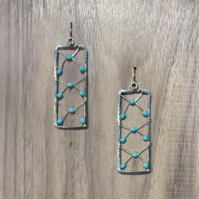 Hammered Silver Plated Bohemian Rectangular Wire Wrapped Beaded Turquoise Bead Earrings, Handmade / GAE S B197-1