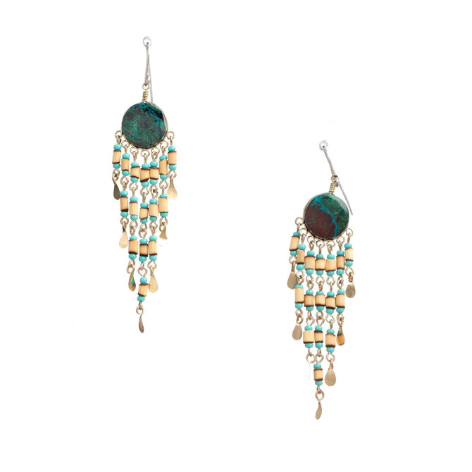 Handmade Beaded Boho Tribal Turquoise Chrysocolla Bamboo Earrings / HNE B13-1