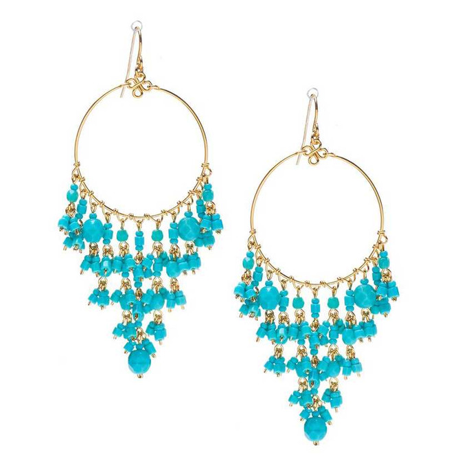 Handmade Bohemian Beaded Turquoise Gold Plated Chandelier Earrings / CAE G B30-1