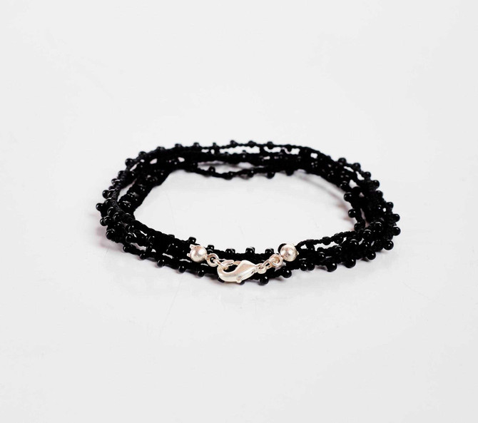 Dainty Boho Crochet Czech Seed Bead Silk Thread Necklace / Wrap Bracelet in Black / GS102-1