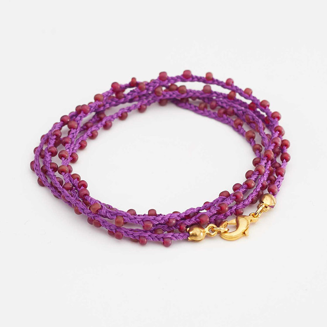 Dainty Boho Crochet Czech Seed Bead Silk Thread Necklace / Wrap Bracelet in Magenta / GG102-13