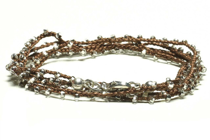 Dainty Boho Crochet Czech Seed Bead Silk Thread Necklace / Wrap Bracelet in Chestnut Brown / GS102-84
