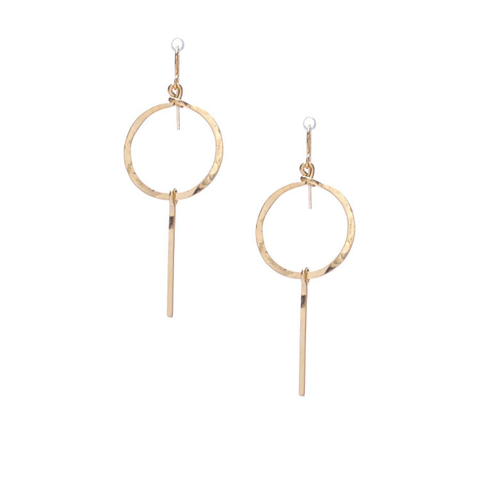 Hammered, Boho, Bohemian, Geometric Minimalist Gold Hoop with Line Drop Earrings, Handmade / GAE G B11-1