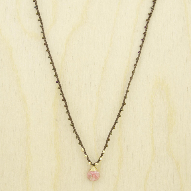 Bohemian Gold Filled Braided Silk Thread Necklace with Rhodochrosite / KRN G B200-30