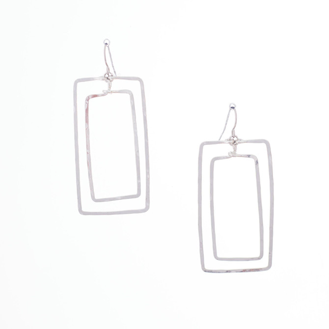 Hammered  Boho, Bohemian, Geometric Minimalist Silver Rectangle Seed Bead Bohemian Earrings / GAE S B576-2