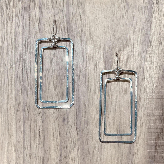 Hammered  Boho, Bohemian, Geometric Minimalist Silver Rectangle Seed Bead Bohemian Earrings / GAE S B576-2