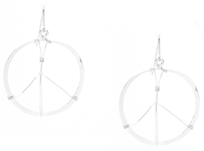 Hammered Geometric Minimalist Silver Wire Wrapped Peace Sign Earrings, Handmade / GAE S B6-2