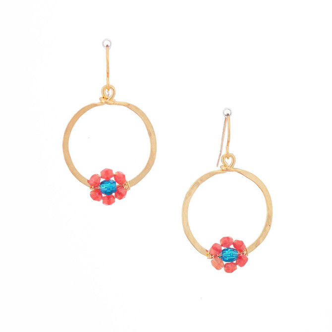 Hawaiian Flower Colorful Crystal Wire-wrapped Gold-Plated Earrings / HFE G B37-M1