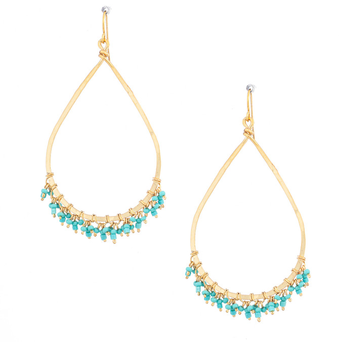 Hammered Gold, Beaded, Wire Wrapped, Tear Drop Gypsy Boho Earrings, Handmade / GAE G B300-1