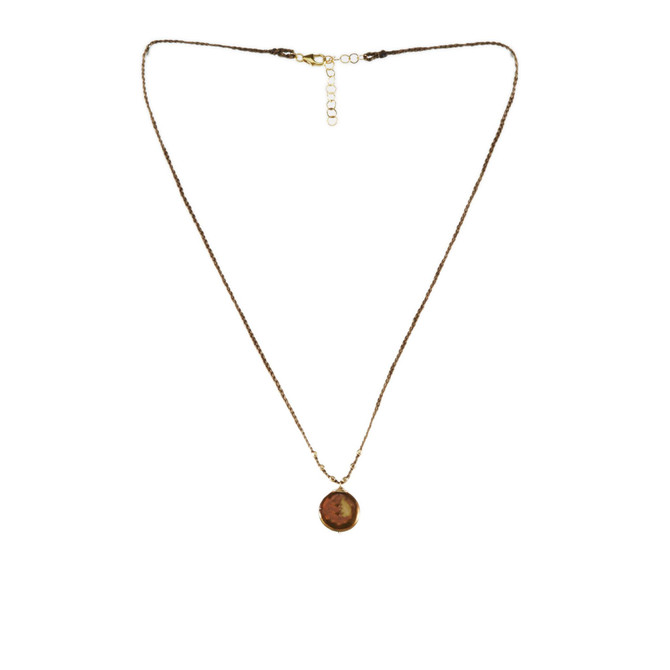 Braided Crochet Cord Necklace with brown coin pearl / KRN G B313-4