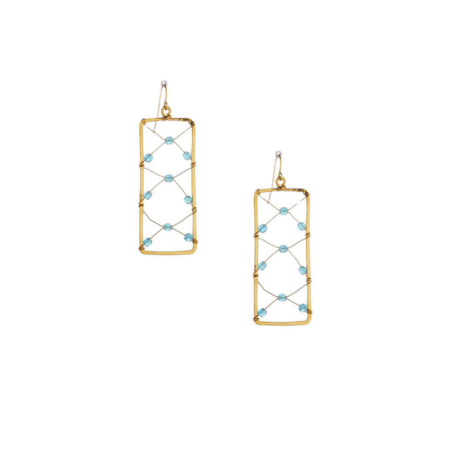 Hammered  Boho, Bohemian,  Gold, Beaded, Wire Wrapped, Rectangle Gypsy Boho Earrings, Handmade / GAE G B197-83