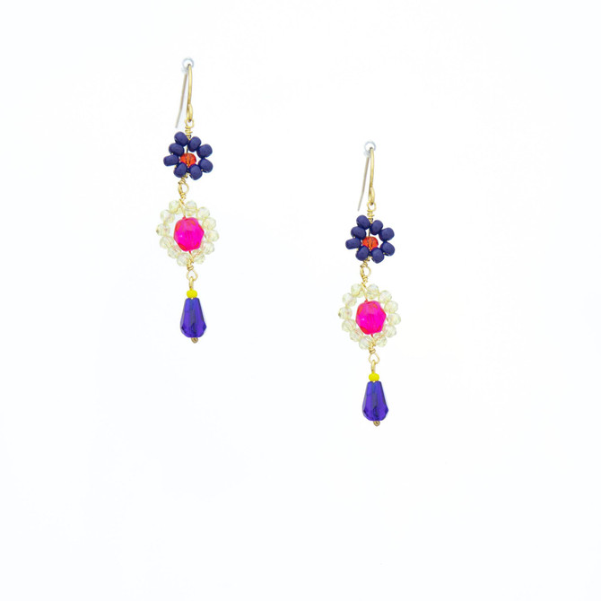 Hawaiian Flower Colorful Czech Crystal Wire-wrapped Gold-Plated Earrings / HFE G B57-M1