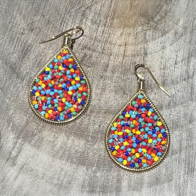 Handmade beading Czech Seed Beads and bugle beads Gold Teardrop Bohemian Earrings / RQE G B14-MR16