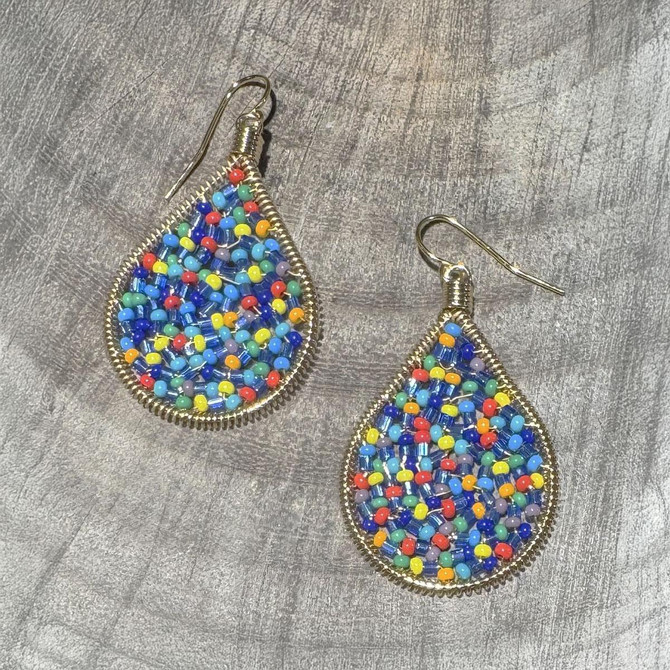 Handmade beading Czech Seed Beads and bugle beads Gold Teardrop Bohemian Earrings / RQE G B14-MR23