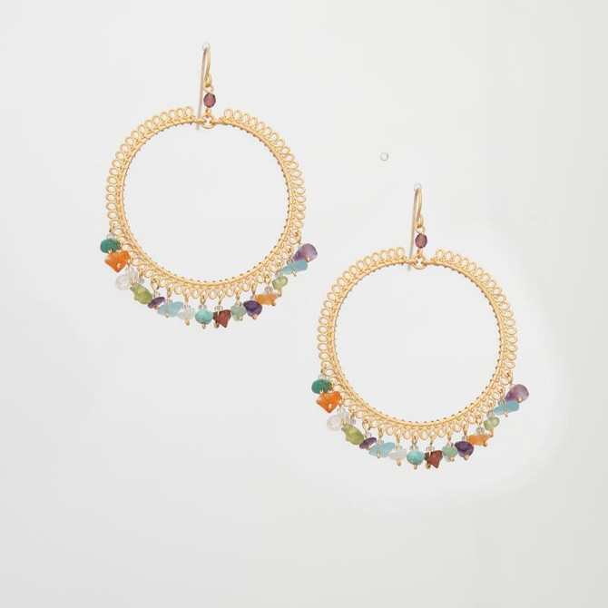 Bohemian Gold Hoop Beaded Wire Wrapped Chandelier Earrings / CLE G B242-SM14