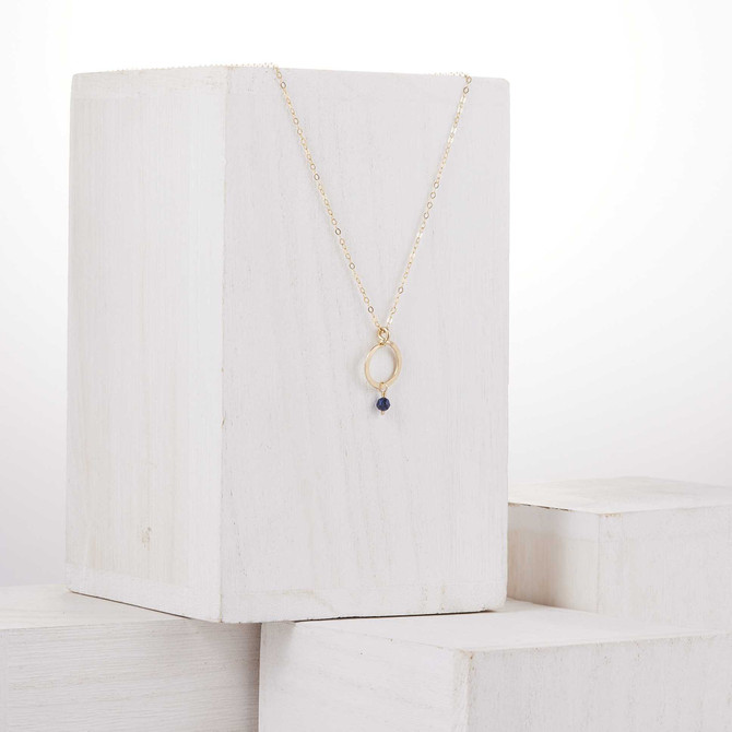 Gold-filled Chain Hammered Necklace with Lapiz Lazuli Gemstone Hoop Pendant / BNN G B47-19