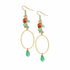Golden Age Hammered Gold-Plated Single Oval Earrings with Turquoise Red Multi-Color Czech Crystal Bead Cluster and Turquoise Dangly Teardrop Crystal / GAE G B405-M199