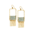 Golden Age Hammered Gold-Plated Single Geometric Rectangle Earrings with Fringe and Green Czech Beads / GAE G B269-D138