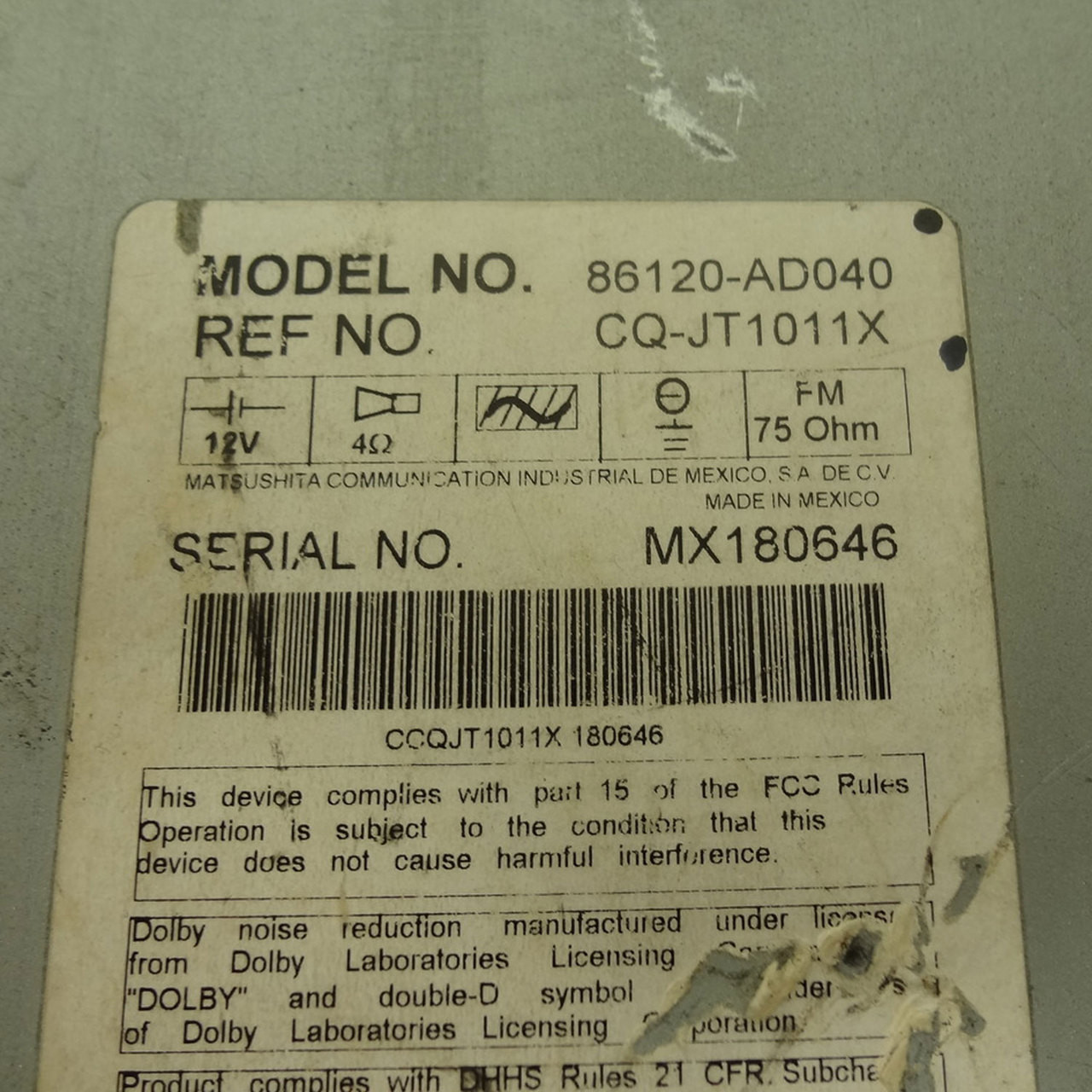 Toyota AM FM Radio Tape Cassette CD Player, 86120-AD040