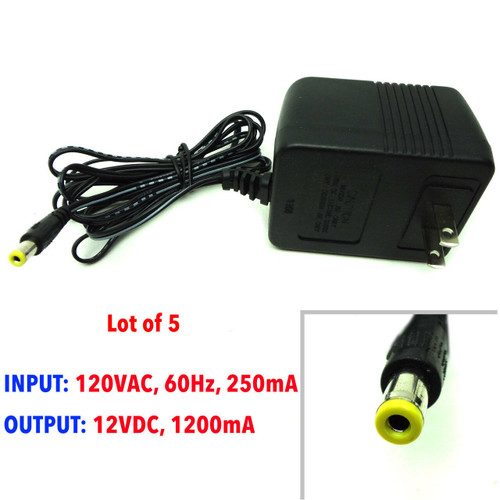 [Lot of 5] AC adapter 120VAC, 60Hz, 250mA, output 12VDC, 1200mA, 12 V 1.2A NEW