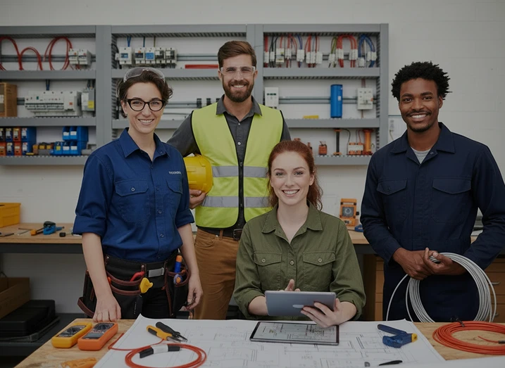 Electrical contractors and project team in a workshop setting with tools and blueprints