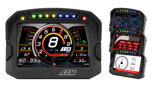 AEM Digital Dash Display, CD-5G non-logging, GPS enabled racing dash, CAN input only, 5-inch diagonal screen, carbon fiber enclosure, GPS antenna and wiring harness included.
Full color 5” screen with 800x480 resolution
Direct sunlight readable (1000cd/m2 brightness and anti-glare filter)
Layout files interchangeable with all versions of the CD-7
Wiring interface/harness is identical to the CD-7
Rugged, lightweight flow-molded carbon fiber composite enclosure
Total display weight of 11.7 oz./331 grams
IP66 water resistance allows for operation in boats and motorcycles without worry
Accepts channels from two separate user programmable CAN bus connections – works with AEMnet enabled devices and non-AEM 3rd party devices side by side
Plug & Play Adapter Cables available for Holley, Link, MSD Atomic and Vi-Pec ECUs
Accepts channels from 2008-up factory ECUs using Plug & Play OBDII CAN Adapter Cable (PN 30-2217, sold separately)
Install the CD-5 Carbon on carbureted and pre-2008 stock ECU-equipped vehicles using a 22 Channel CAN Sensor Module (PN 30-2212, sold separately)
Available with or without 200Mb internal logging (up to 1,000Hz/channel)
Available with or without on-board GPS receiver and antenna
Add Vehicle Dynamics Module for GPS, 3-axis gyroscope and 3 axis accelerometer for G-loads, roll, pitch, yaw, track mapping and lap timing (PN 30-2206, sold separately)
Seven programmable pages including four Main pages, Alarm, On-Change and Start-up pages
Dedicated Alarm page quickly identifies problems, programmable in almost any language! (user defined)
Unique On-Change page can be used to identify map switching for boost, traction, lap times, etc.
Use included page layouts and input your channels and text, or create your own from scratch
Free DashDesign Graphics Editor software
Seven LED RPM/shift light indicators on top of the housing (programmable and dimmable)
Two programmable LEDs
Odometer function
Over 200 supplied fully programmable SAE and custom warning icons, and you can add your own
‘Headlight-in’ connection dims the dash and LEDs during night operation
Two extra switch inputs included for displaying user-triggered events (blinkers, high beams etc.)
User supplied graphics can be changed based on channel values (up to the full screen size)
Convert CAN bus channel values to user-defined text in multiple languages