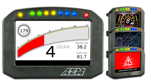 AEM Flat Panel Digital Display CD-7 non-logging race dash, CAN input only, 7-inch diagonal screen, carbon fiber enclosure, wiring harness included, Does Not Include Buttons (See PN 30-3610)
Full color 7” screen with 800x480 resolution
Direct sunlight readable (1000cd/m2 brightness and anti-glare filter)
Layout files interchangeable between all CD Carbon Dashes
Wiring interface/harnesses are identical between all CD Carbon Dashes
Rugged, lightweight flow-molded carbon fiber composite enclosure
IP66 water resistance – open cockpit safe
Accepts channels from AEMnet CAN-enabled devices and non-AEM CAN bus devices side by side
Seven programmable pages including four Main pages, Alarm, On-Change and Start-up pages (requires Button Kit PN 30-3610)
Dedicated Alarm page quickly identifies problems, programmable in almost any language! (user defined)
Unique On-Change page can be used to identify map switching for boost, traction, lap times, etc.
Use the included page layouts and input your channels and text, or create your own from scratch
Free DashDesign Graphics Editor software
Seven LED RPM/shift light indicators on top of the housing (programmable and dimmable)
Two programmable LEDs
Odometer function
Over 200 supplied fully programmable SAE and custom warning icons, and you can add your own
‘Headlight-in’ connection dims the dash and LEDs during night operation
Two extra switch inputs included for displaying user-triggered events (blinkers, high beams etc.)
User supplied graphics can be changed based on channel values (up to the full screen size)
Convert CAN bus channel values to user-defined text
Plug & Play Adapter Cables available for Holley, Link, MSD Atomic and Vi-Pec ECUs
Accepts channels from 2008-up factory ECUs using Plug & Play OBDII CAN Adapter Cable (PN 30-2217, sold separately)
Install on carbureted and pre-2008 stock ECU-equipped vehicles using a 22 Channel CAN Sensor Module (PN 30-2212) or 6 Channel CAN Sensor Module (PN 30-2226)
Install 8 additional temp inputs and send them to the CD-7 Carbon with our 8 Channel K-Type EGT CAN Module (PN 30-2224, sold separately)
Available with or without 200Mb internal logging (up to 1,000Hz/channel)
Available with or without onboard 20 Hz GPS receiver and antenna
Add Vehicle Dynamics Module for GPS, 3-axis gyroscope and 3 axis accelerometer for G-loads, roll, pitch, yaw, track mapping and lap timing (PN 30-2206, sold separately)