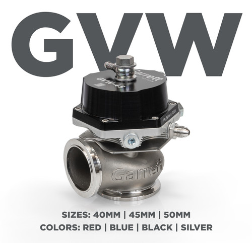 Garrett External Wastegate GVW-50 Black
Features
CFD tested for maximum flow and thermal efficiency
Optimized actuation stability and temperature resistance for superior durability
Replaceable valve and bushing components to increase service life
Robust design for easy diaphragm replacement
Liquid-cooled actuator ports for use on severe applications (up to 52% reduction in body temp)
Anodized aluminum actuator cover
Four Colors: Red | Blue | Black | Silver
Three Sizes: 40mm | 45mm | 50mm
Springs | Fittings | Flanges | V-bands included
Standard Base Pressure: 1 Bar | 14.5 PSI
Maximum Base Pressure: GVW-50: 23 PSI | 1.6 Bar
Minimum Base Pressure: 3 PSI | 0.2 Bar