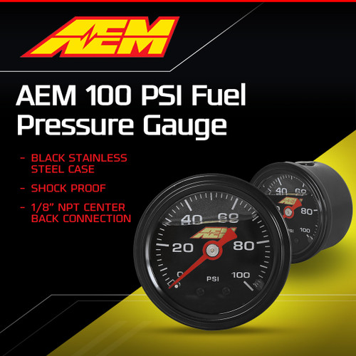 AEM Liquid Filled Pressure Gauge 100 PSI
1/8th NPT Centre port back connection