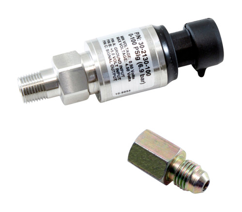 AEM 100 PSIg Stainless Sensor Kit. Stainless Steel Sensor Body. 1/8" NPT Male Thread. Includes: 100 PSIg Stainless Sensor, Connector, Pins & 1/8" NPT to -4 Adapter
Stainless-steel sensors accurate to within 1% of full scale (pressure sensors)
High-quality sealed sensor housings are virtually impervious to automotive fluids (360-degree welded wetted area)
Connector and pins included